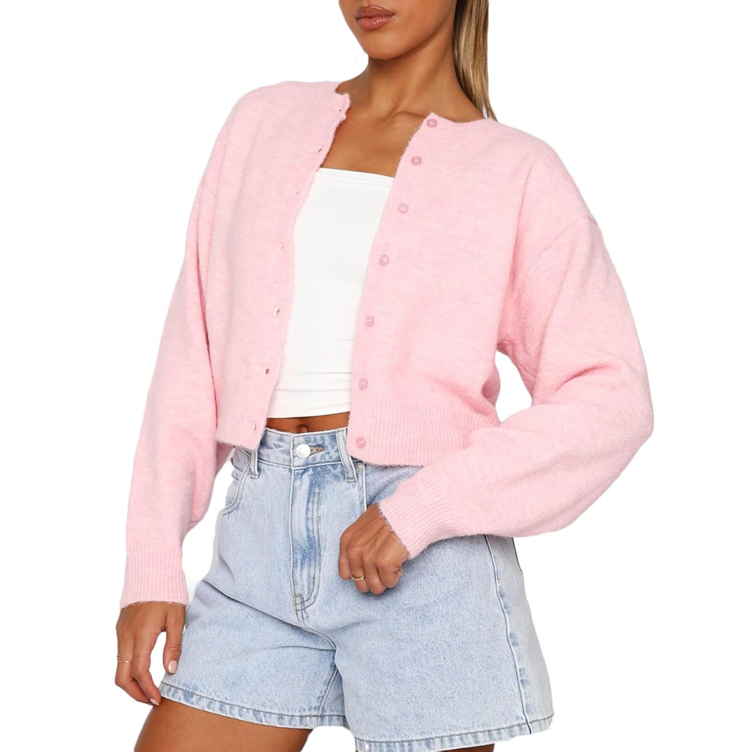 RUEWEY Women Y2k Crew Neck Button Down Long Sleeve Cropped Cardigan Knitted Sweater Light Jacket