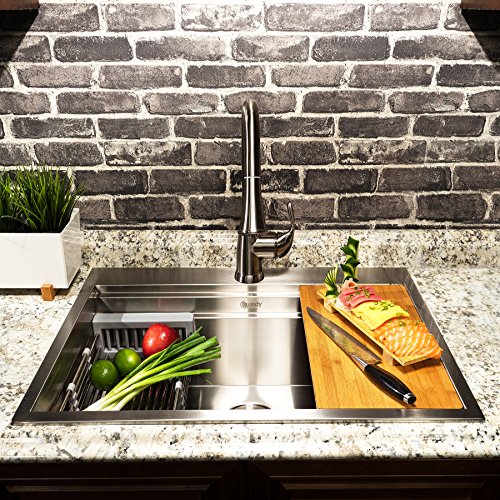 AKDY Handmade Workstation Ledge 33-inch Topmount Kitchen Sink Single Bowl in Stainless Steel 33" x 22" x 9" with Drying Rack & Cutting Board