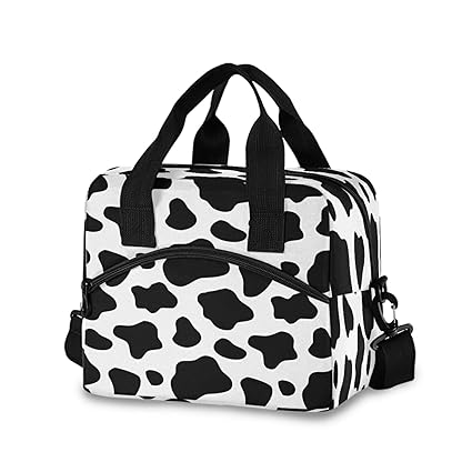 ALAZA Black White Cow Print Lunch Bags Lunchbox Cooler Bag Reusable Tote Shoulder Bag Insulated Lunch Box for Outdoor Picnic Boating Work School