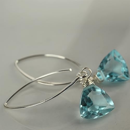 Miniatura 5 de Handmade Dangle Earrings for Women - Aquamarine Blue Quartz Sterling Silver in Gift Box - Sparkly Blue Quartz Trillion - Lightweight Dangling -