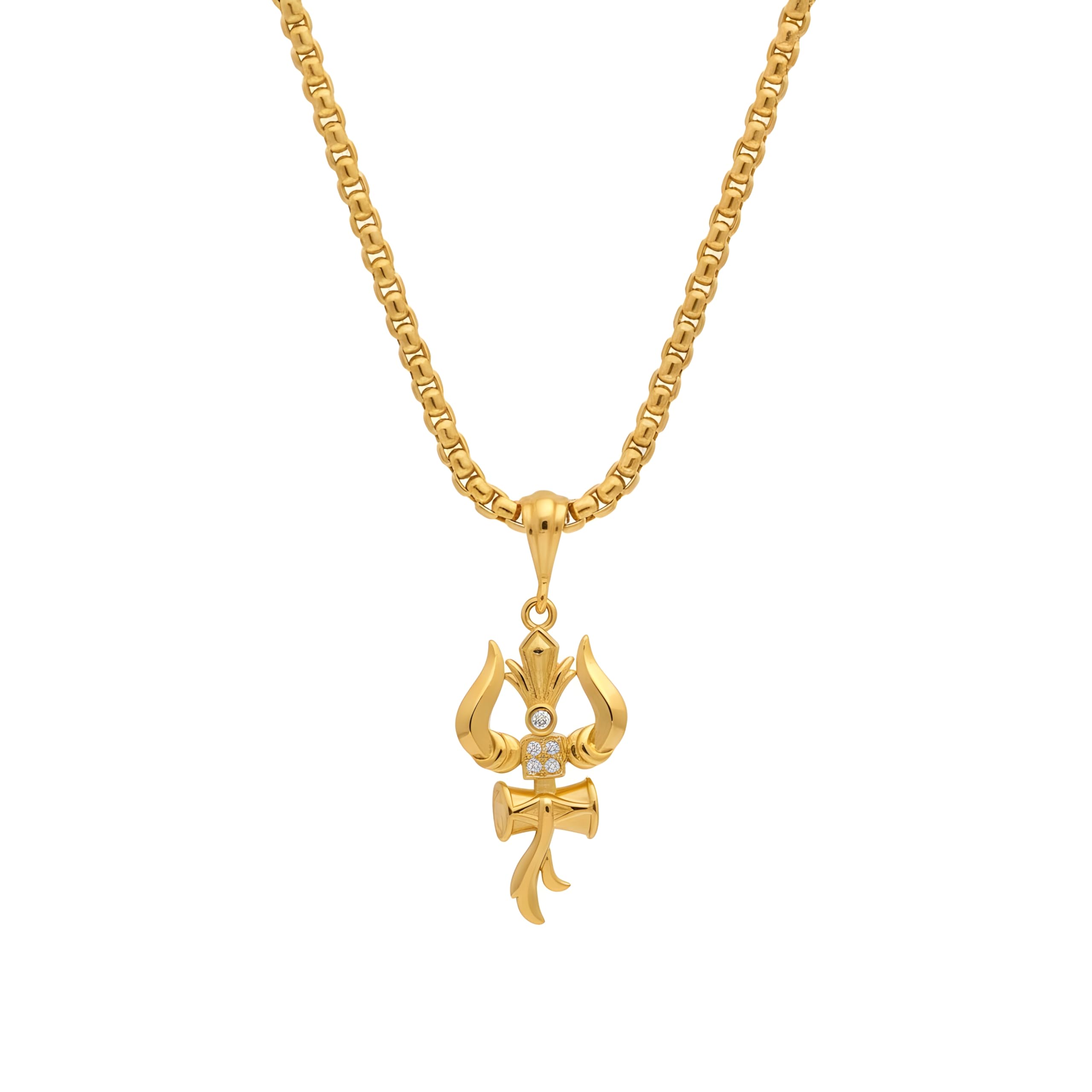 Zivia SS Trishul Om & Damru Pendant with Chain | Diamond-Cut Gold-Plated Brass Chain | Spiritual Shiva Pendant.
