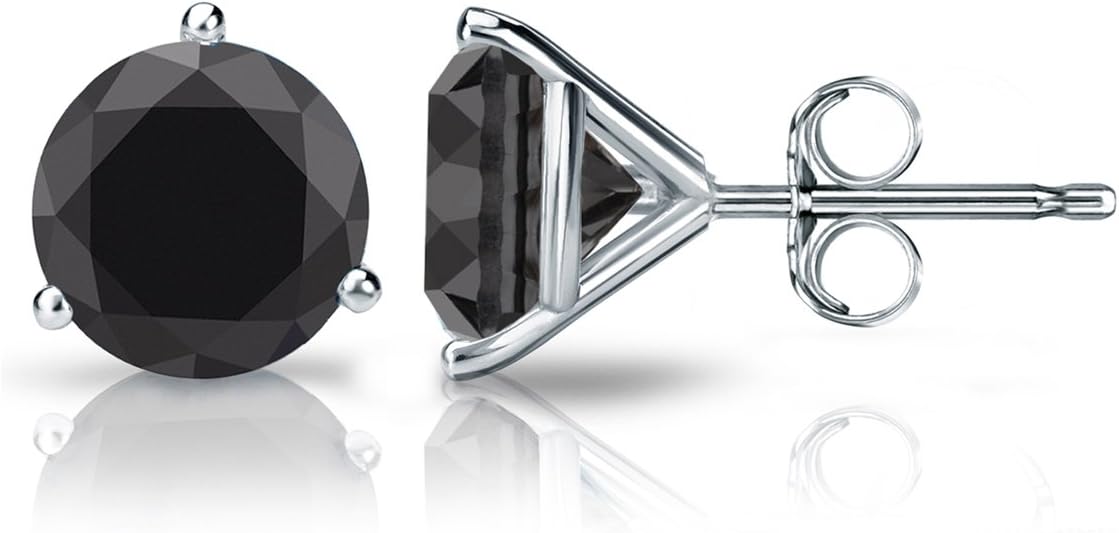 18k White Gold Round Black Diamond 3-Prong Martini Stud Earrings (1/2-4 ct, Black) Push-Back