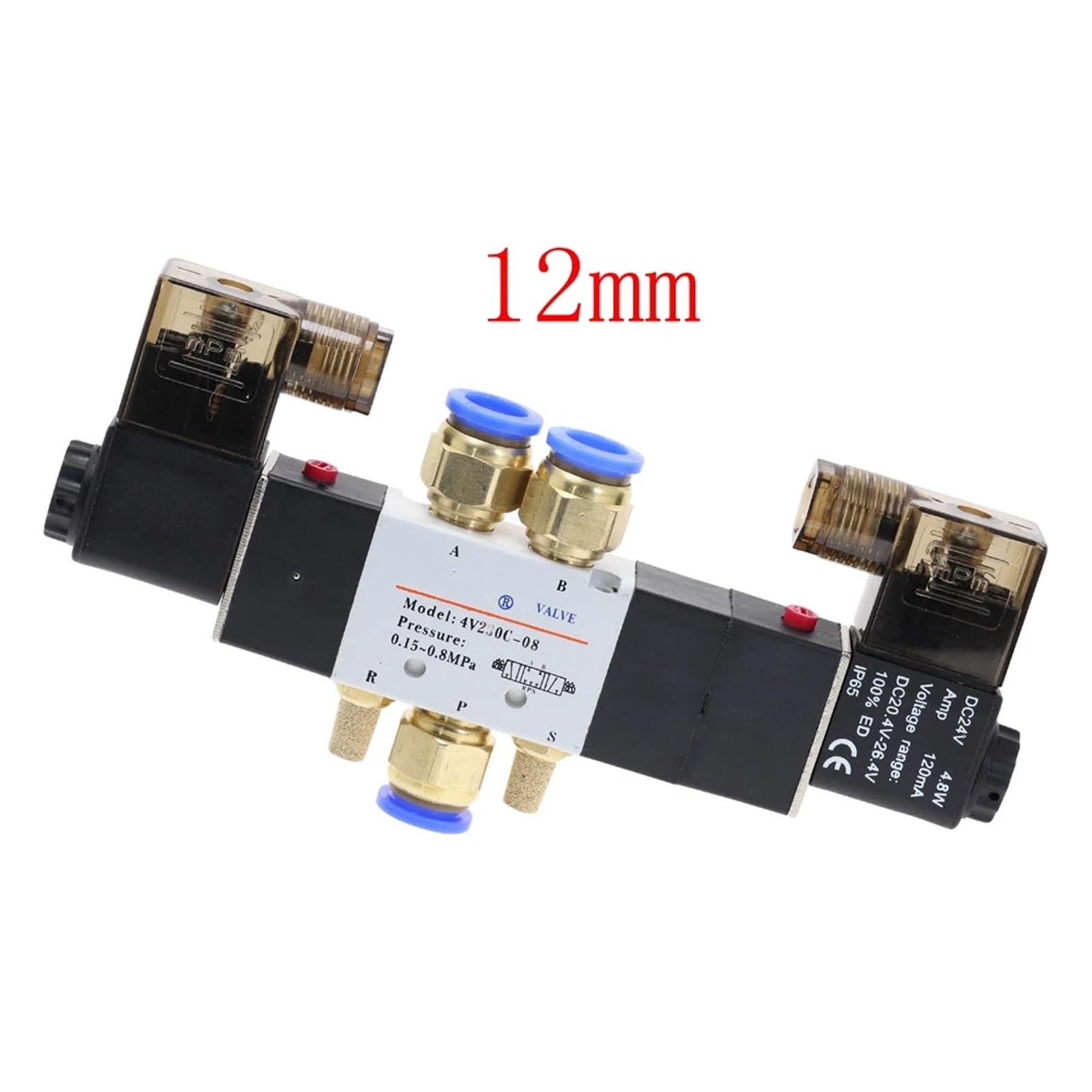 4V220-08 pneumatyczny zawór elektromagnetyczny pneumatyczny 5-drożny 2 pozycje 0,6 cm stop aluminium wewnętrzny E 12 V DC 24 V DC 110 V AC 0,15-0,8 MPa (złączki 12 mm, DC12V)