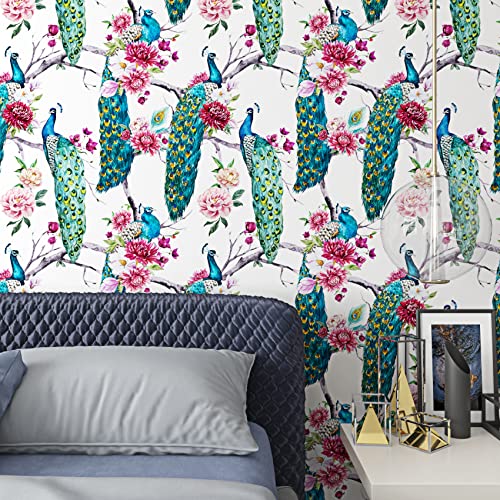 ReWallpaper 44.5cm x 7m Vintage Peacock Peel and Stick Wallpaper Boho Blue/Green Peonies Removable Lining Paper for Walls Vintage Floral Wallpaper for Walls Bathroom Bedroom Girls - Image 3
