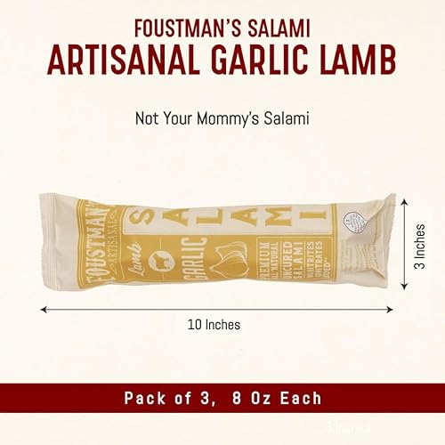 Miniatura 3 de Foustman's Salami Ajo Cordero Artesanal, Sin Nitratos, Curado Naturalmente, Sin Gluten, Sin Lácteos, Sin Cerdo, Paquete de 3, 8 Oz Cada Uno