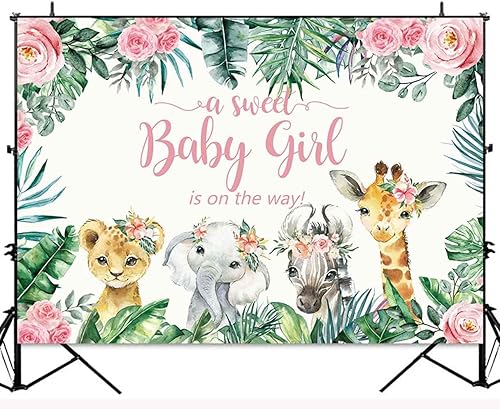 Miniatura 2 de Ayayiya Telón de fondo de safari para baby shower con texto en inglés "A Sweet Baby Girl is On The Way" (Una dulce niña está en camino), animales de