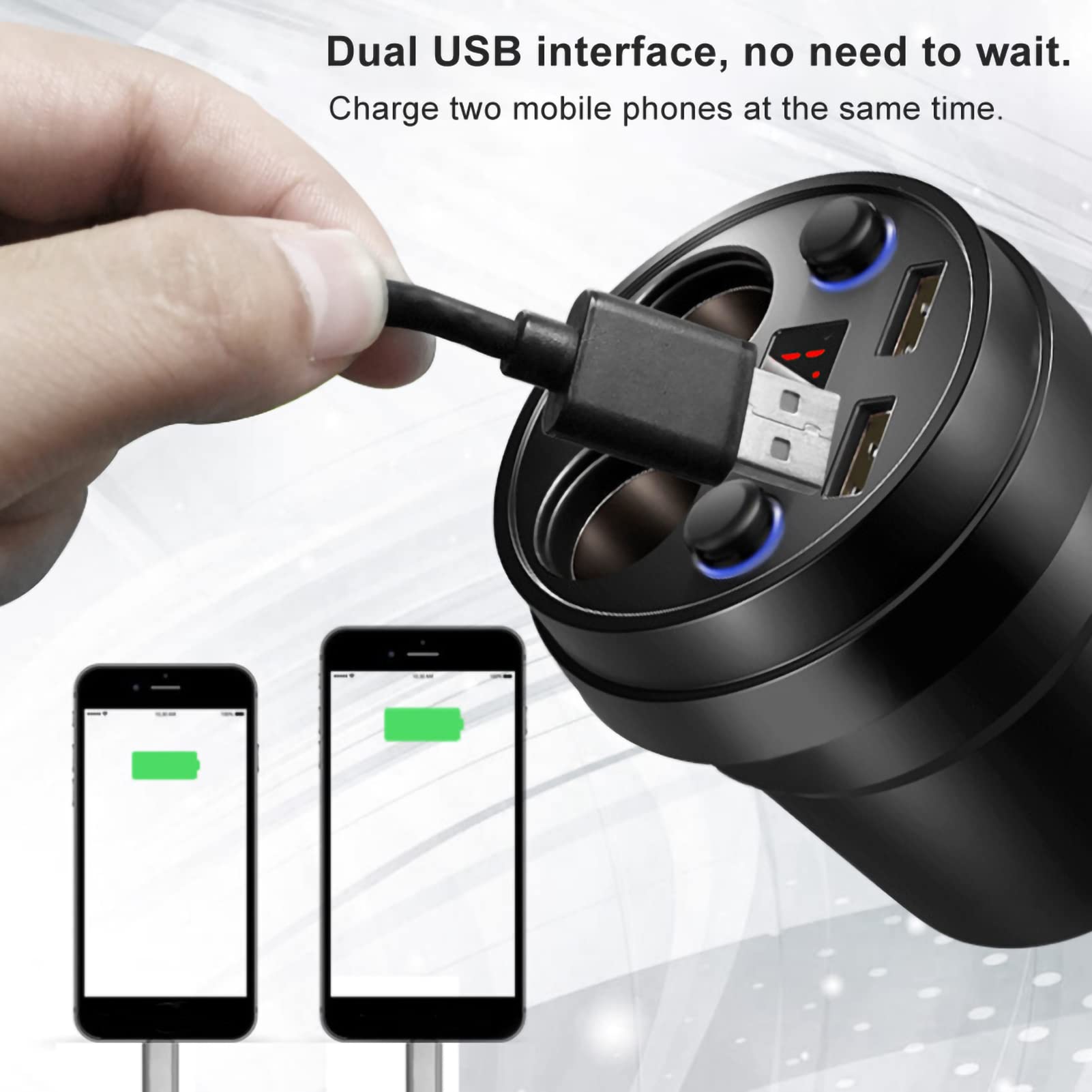 Caricabatteria da auto multifunzione con portabicchieri, doppio foro per accendisigari, doppia ricarica rapida USB, display in tempo reale a LED, raffreddamento intelligente, per telefono tablet PC