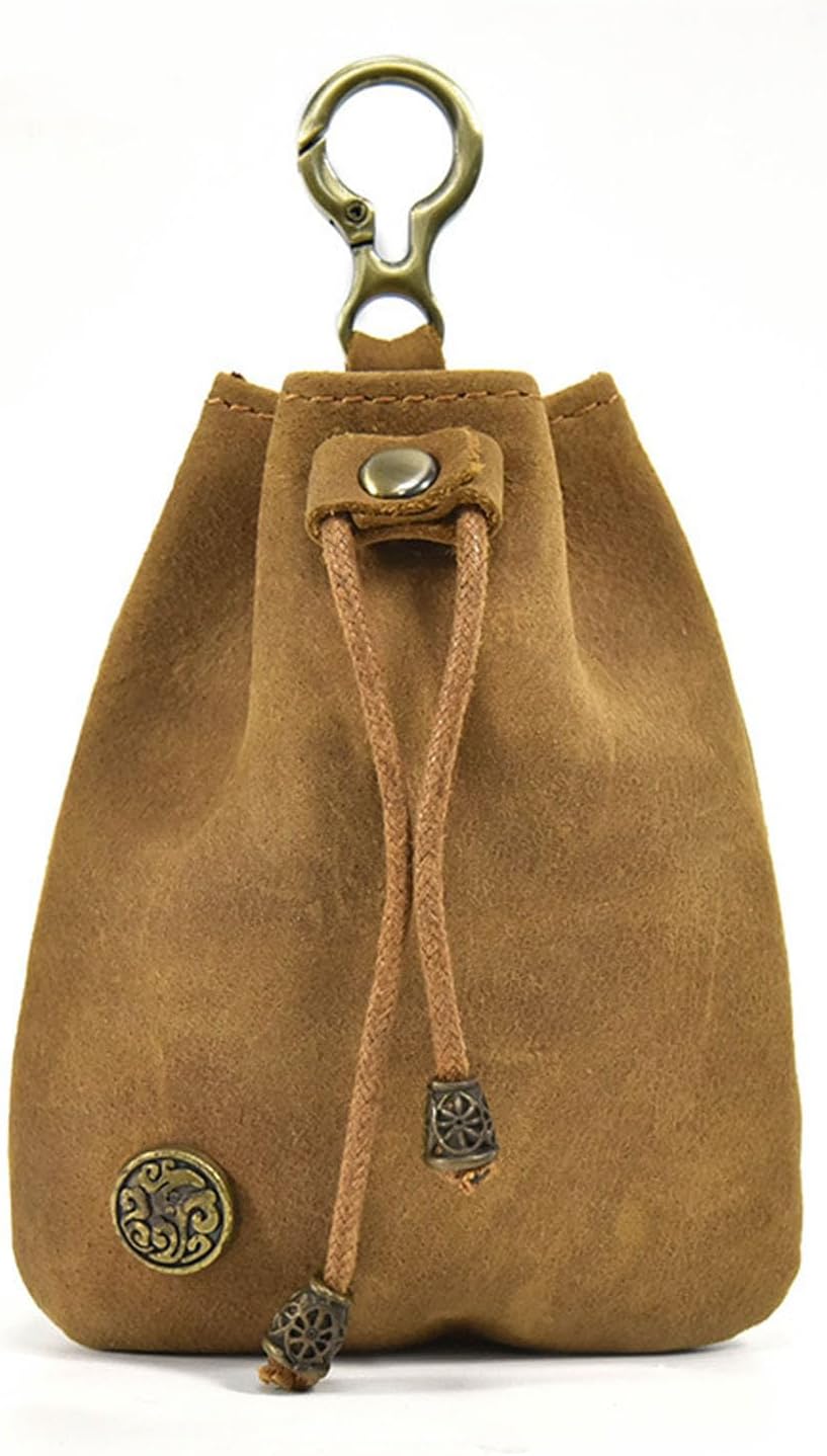 Genuine Leather Mini Medieval Pouch – Small Drawstring Coin Purse with Keychain, Vintage Change Holder for Men, 3.94x4.33 Inch