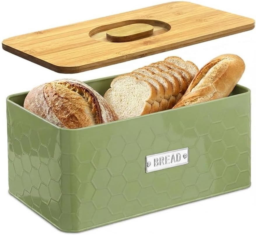 vensovo Bread Box for Countertop – Large Green Metal Bread Bin with Bamboo Cutting Board Lid, Farmhouse Bread Storage Container for Homemade Bread, Baked Goods & Kitchen Counter Organization