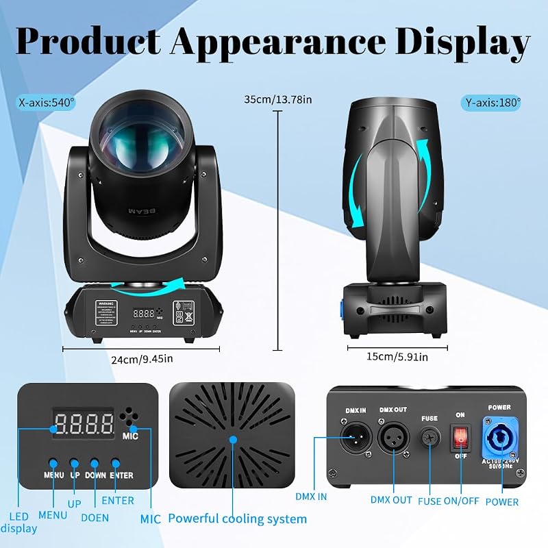 MINGJIE 160W Moving Head Beam Light, DMX DJ Stage Light | 18-Facet Prism, 12 Gobos & 15 Colors, Sound Activated LED Beam Effect for Clubs, Bars, Parties and Stage Shows, 2 Pcs