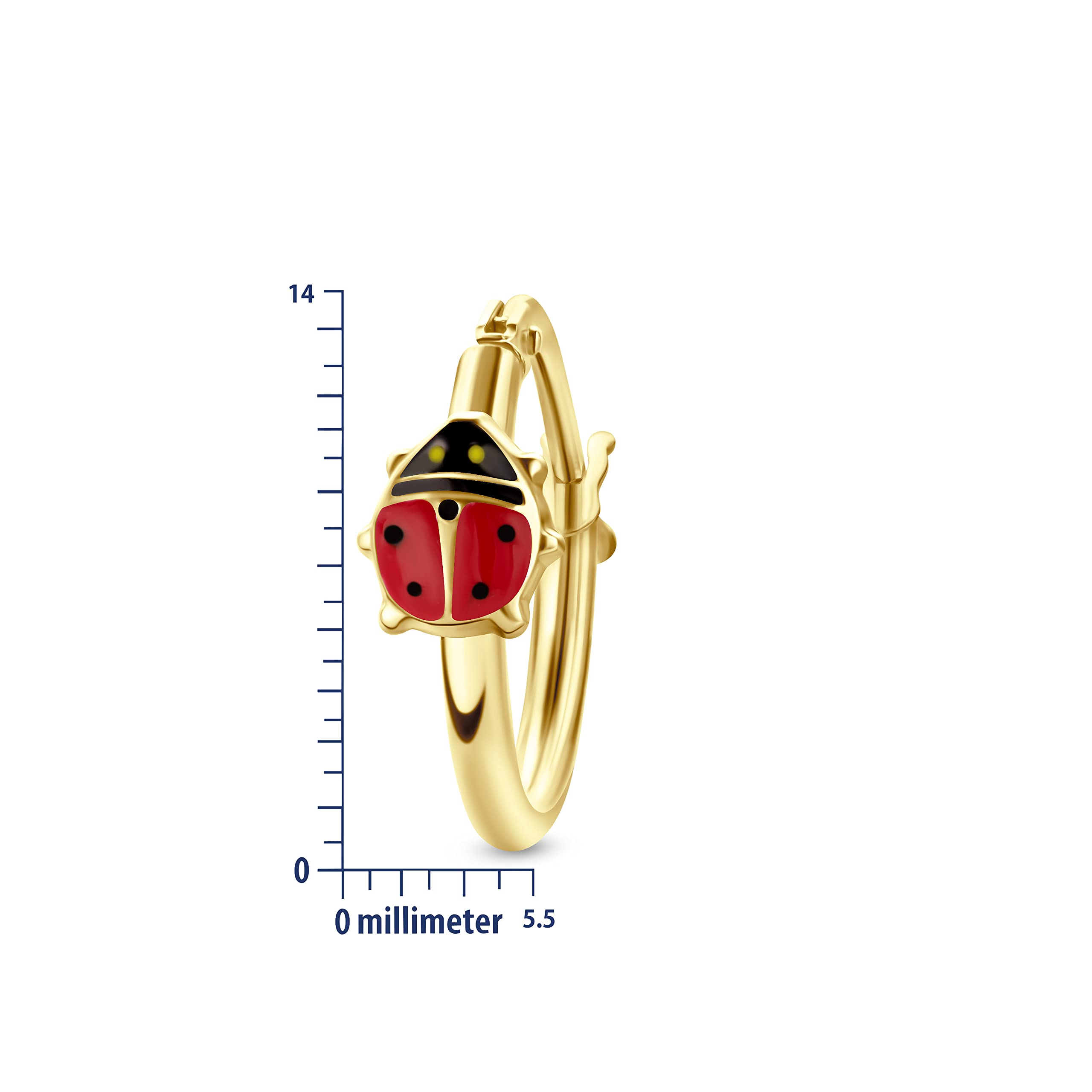 Miore Pendientes de aro Mariquita para niños en oro amarillo de 9 quilates 375 de 14 mm, dorado, esmalte., Dorado, Esmalte