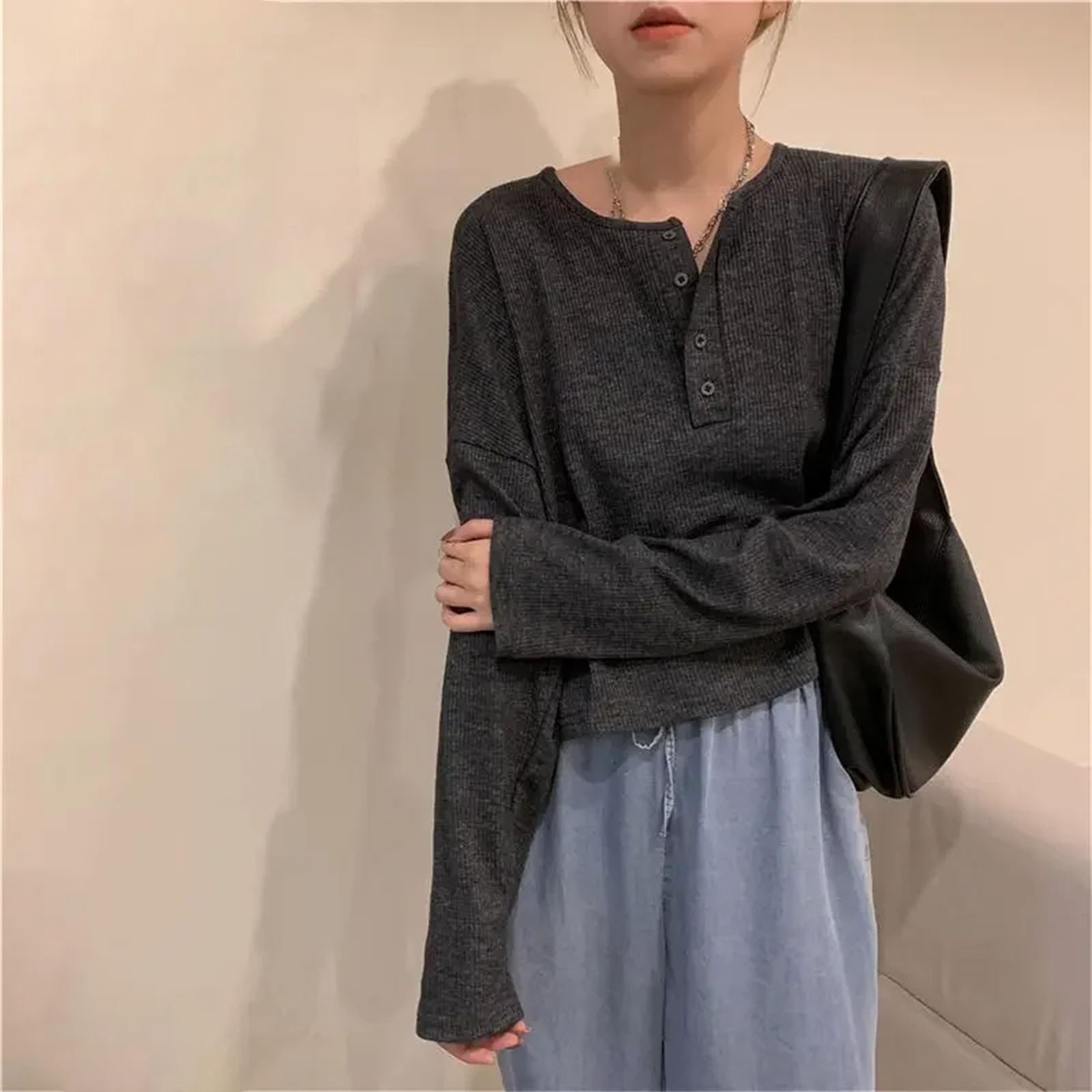 Tinta unita Maglia Basic T-Shirt Donna Casual Girocollo Pulsante Decorazione Manica Lunga Top Donna