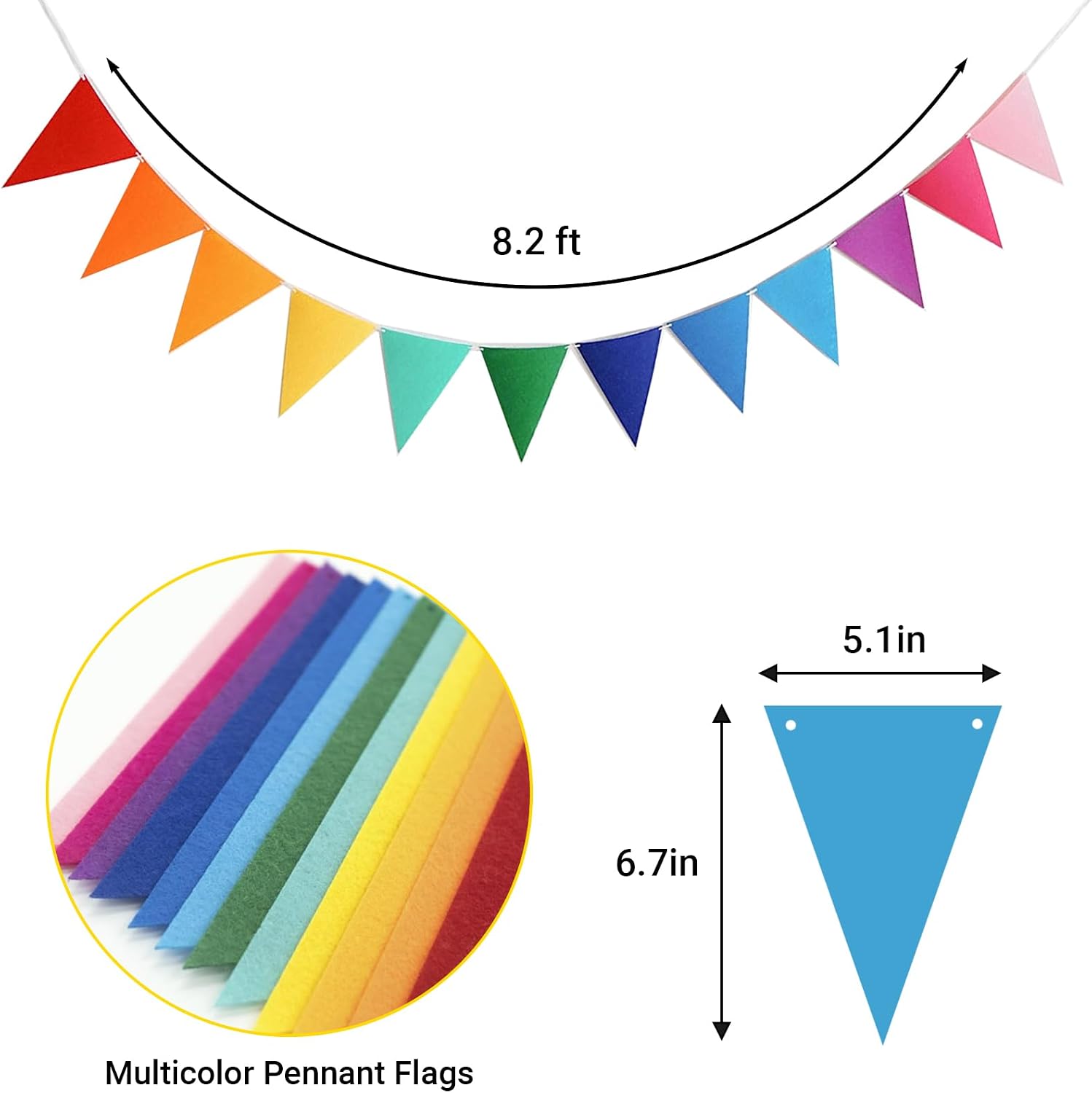 7 Pcs Rainbow Felt Pennant Banner, 84 Triangle Flags with 7 Ribbons