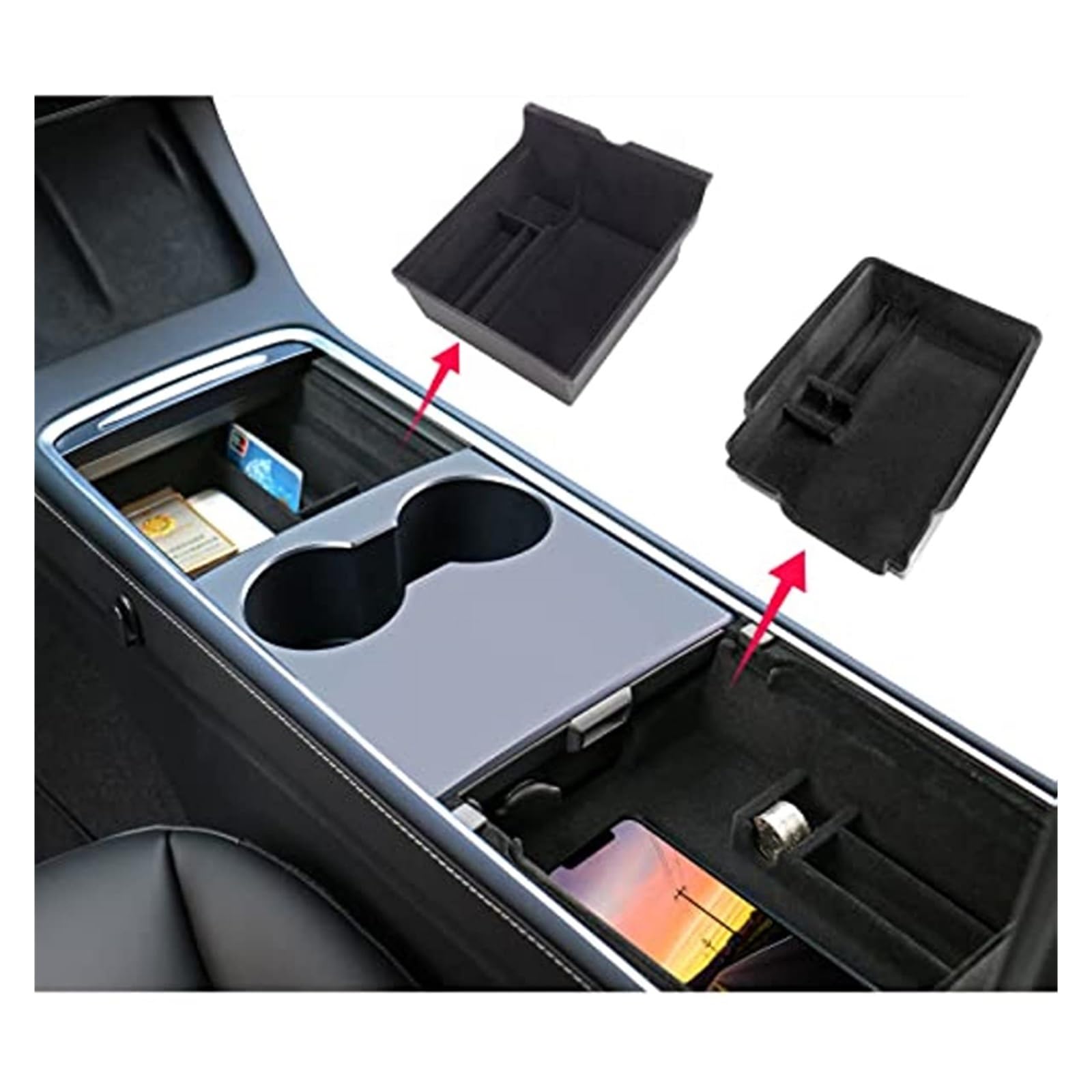 Organizer Console Centrale Tesla Model 3/Y: Kit 4 Pezzi Floccato Con Portabicchieri E Cassetto Nascosto - 2