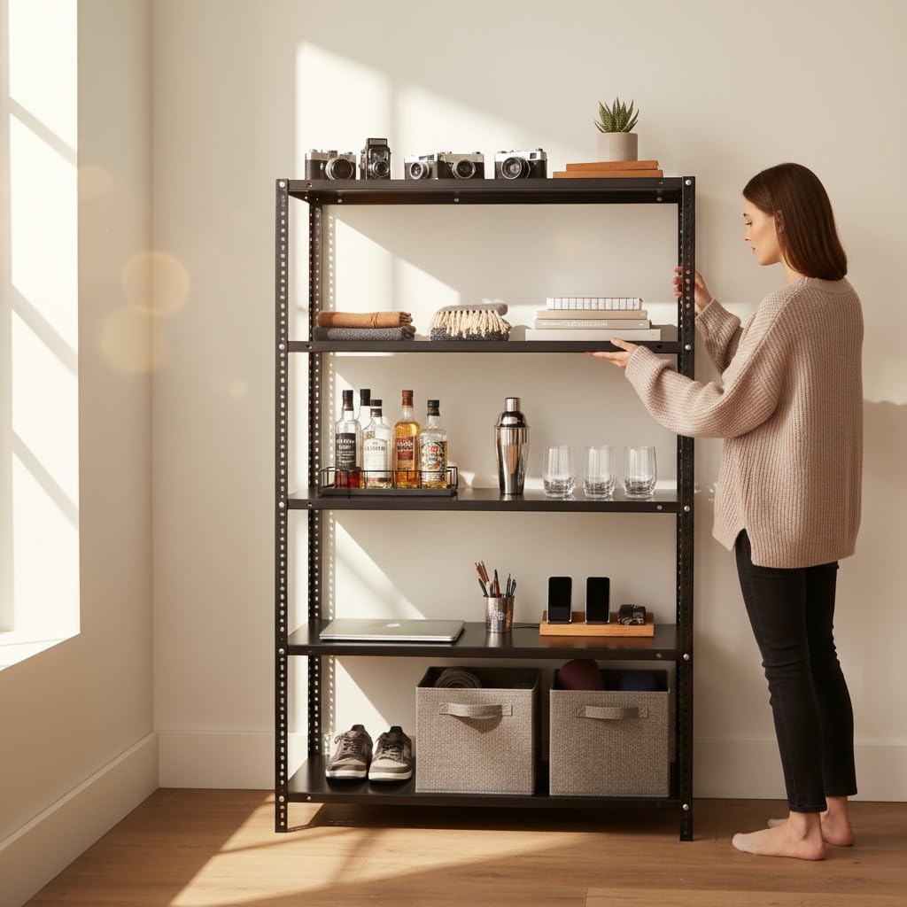 REGILLER Steel Racks Shelves, Racks for Multipurpose use, Book/Shoes/Kitchen/Warehouse/Home/Storage Racks Shelves Multipurpose Metal Body Adjustable Rack (5 Tier, Black)-picture-20