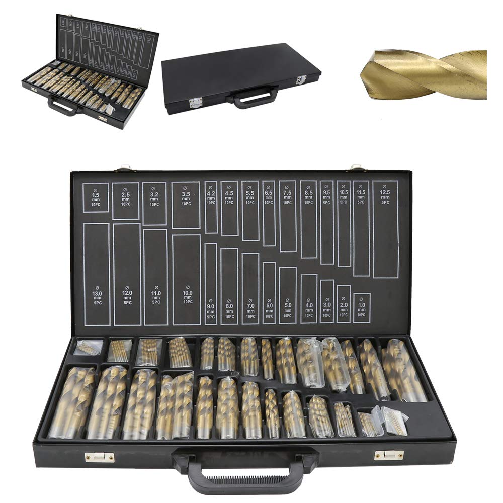 Herrselsam Juego de brocas para metal (230 piezas, diámetro de 1 a 13 mm, con revestimiento de titanio, acero HSS, brocas en espiral, brocas para madera, para metal, plástico, ladrillo y madera)