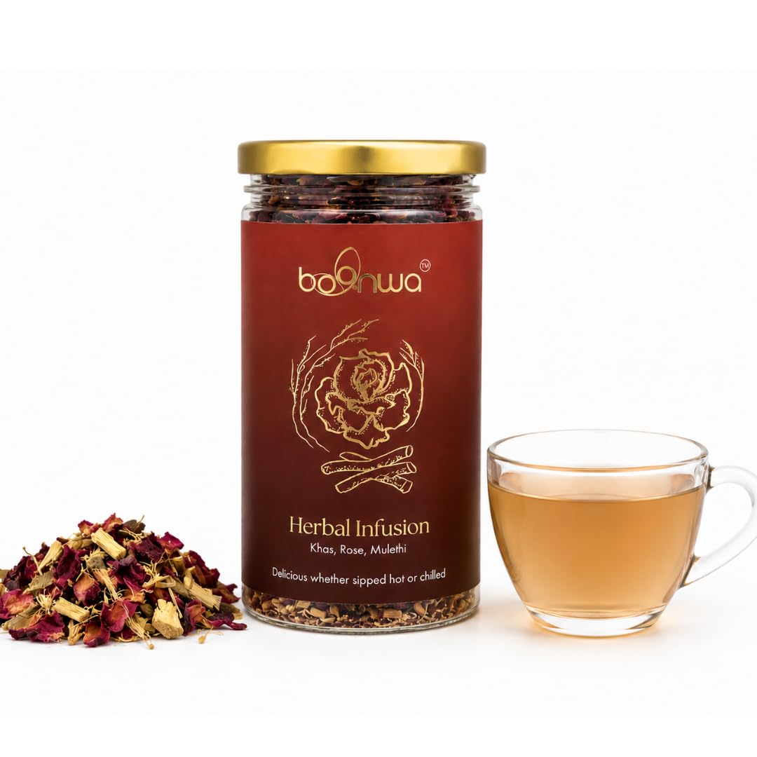 Boonwa Herbal Infusion- Rose, Khas, Mulethi– 100% Pure Khas (Vetiver), Rose petals and Mulethi (Liquorich) | Naturally refreshing, Caffeine-Free Herbal Tea | Delicius hot or cold | Cooling & Calming Herbal Tea | Relaxation & Stress Relief | Refreshing Blend | Pet jar | 35 g-image-32