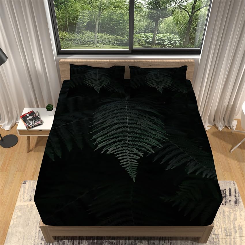 Juego Sabanas 160X200 Hojas De Color Verde Oscuro Bedding Juego De Sabanas 3 Piezas - Poliéster Microfibra Cepillada Funda Colchon - Hipoalergenica Juego De Sabanas - 2 Fundas De Almohada