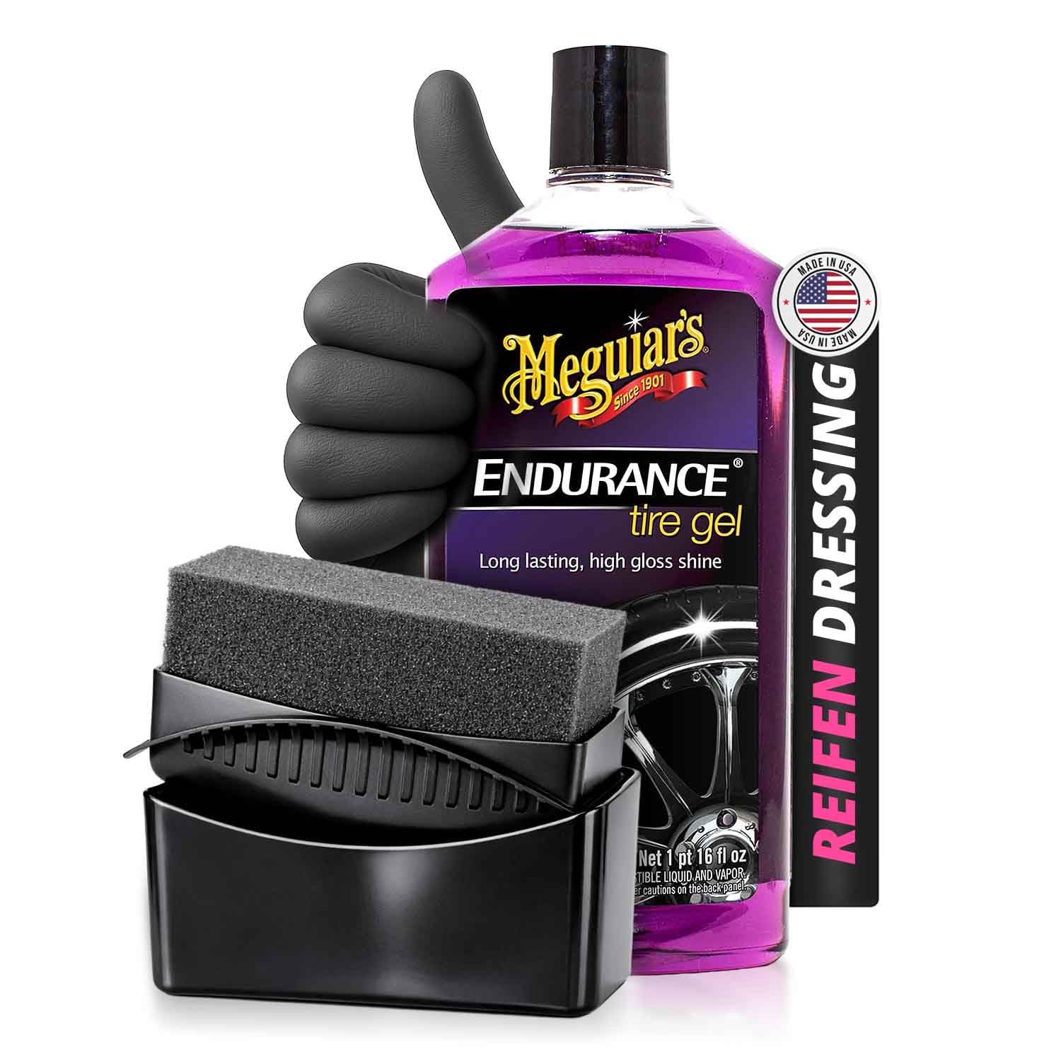 Shiny Freaks Reifenpflege Set: Meguiar’s Endurance High Gloss Tyre Gel 473ml + Tire Dressing Applicator + Nitrilhandschuhe Größe L | gleichmäßiger Auftrag für gepflegte Reifenflanken | 3-teilig