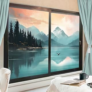 Snowy Mountain Landscape Picture Window Privacy FilmLake Scene Nature Theme Stained Glass Window Coverings No Glue Static Cling Window Film for Home Office Stores 23.6Wx35.4L-inch x2 Pcs