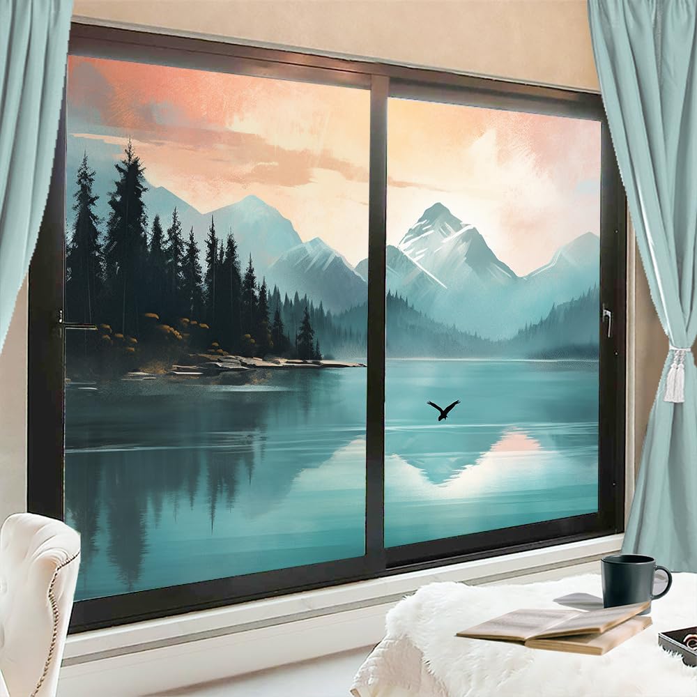 Snowy Mountain Landscape Picture Window Privacy FilmLake Scene Nature Theme Stained Glass Window Coverings No Glue Static Cling Window Film for Home Office Stores 60 x 90 CM x2 Pcs