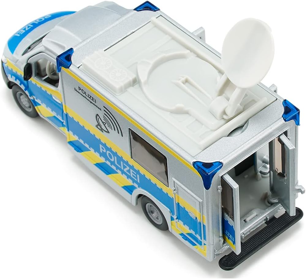 SIKU 2301 Mercedes-Benz Sprinter Police Car, Police Toy, 1:50, Metal/Plastic, Blue/White, Rotating Satellite Dish, Removable Roof, Opening Doors