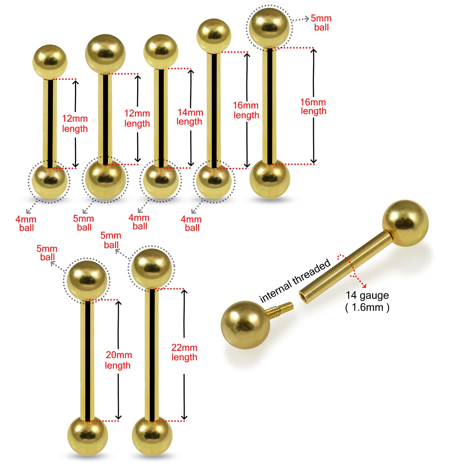 Piercing de oro amarillo macizo de 14 quilates, calibre 14, con bola