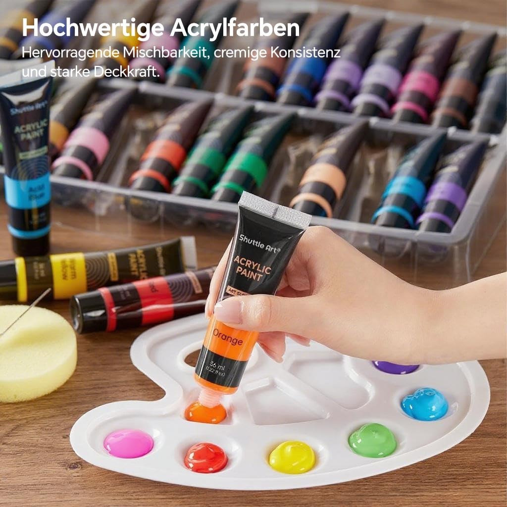 Shuttle Art 48 teiliges Acrylfarben Set, 30 Acryl Farben in Tuben(je 36ml) mit 10 Pinselset, 5 Leinwänden, 1 Spachtel, 1 Palette, 1 Schwamm, Künstlerqualität, für Glas, Stein, Tontöpfe, Holz geeignet