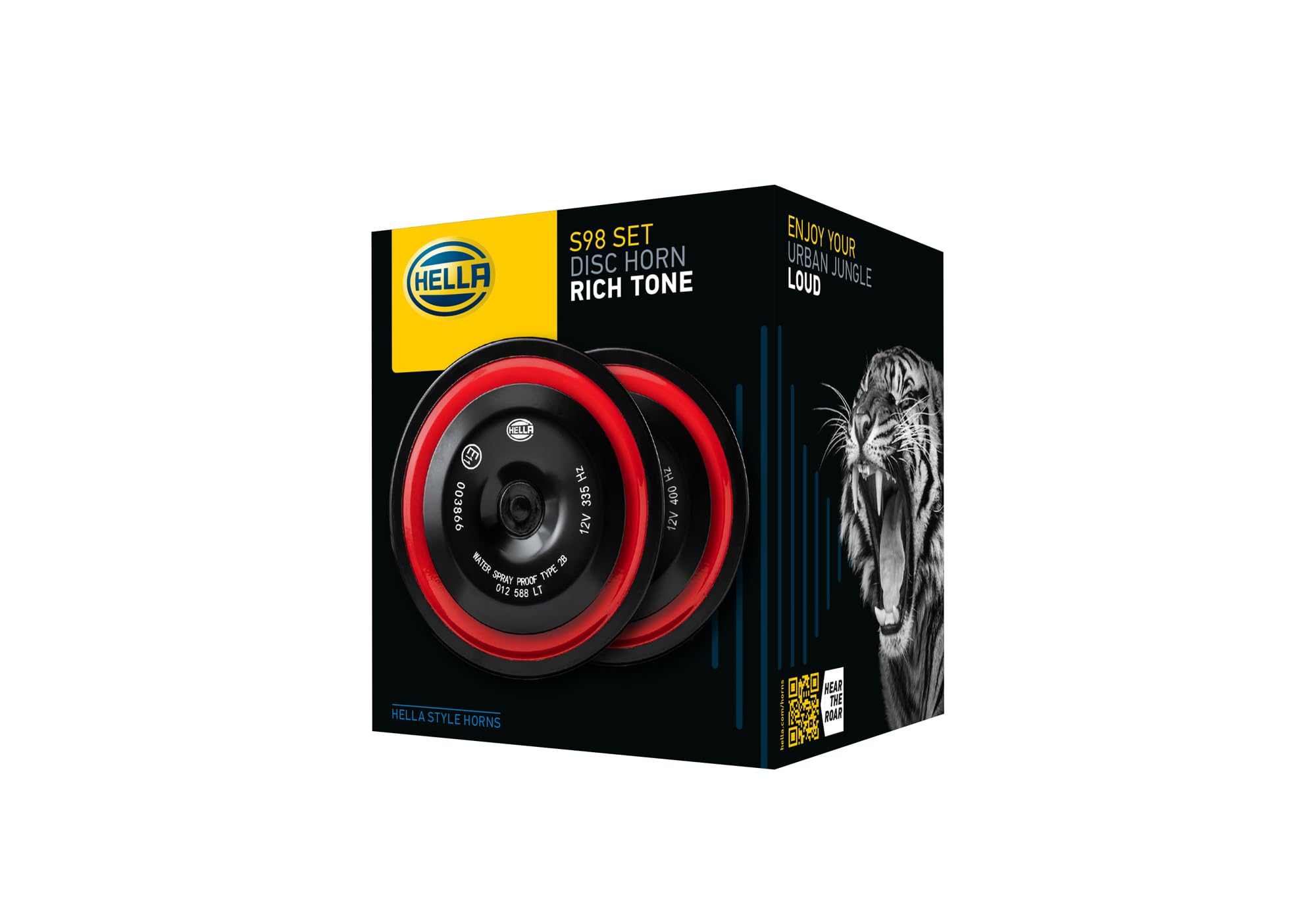 HELLA 3AM 012 588-341 Clacson - HELLA STYLE HORN S98 SET - 12V - 115dB(A) - Gamma frequenze: 335/400Hz - Tono basso/Tono alto - elettrico - ECE - Colore alloggiamento/sede: rosso/nero - Quantità: 2