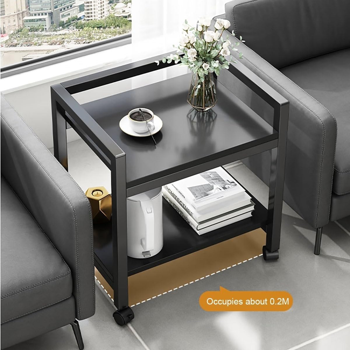Wielowarstwowy stojak pod gramofon HiFi, wielofunkcyjna półka do przechowywania nośników multimedialnych, szafka pod sprzęt audio/wideo, drewniany stolik pod drukarkę z kółkami (czarny, 51 x 30 x