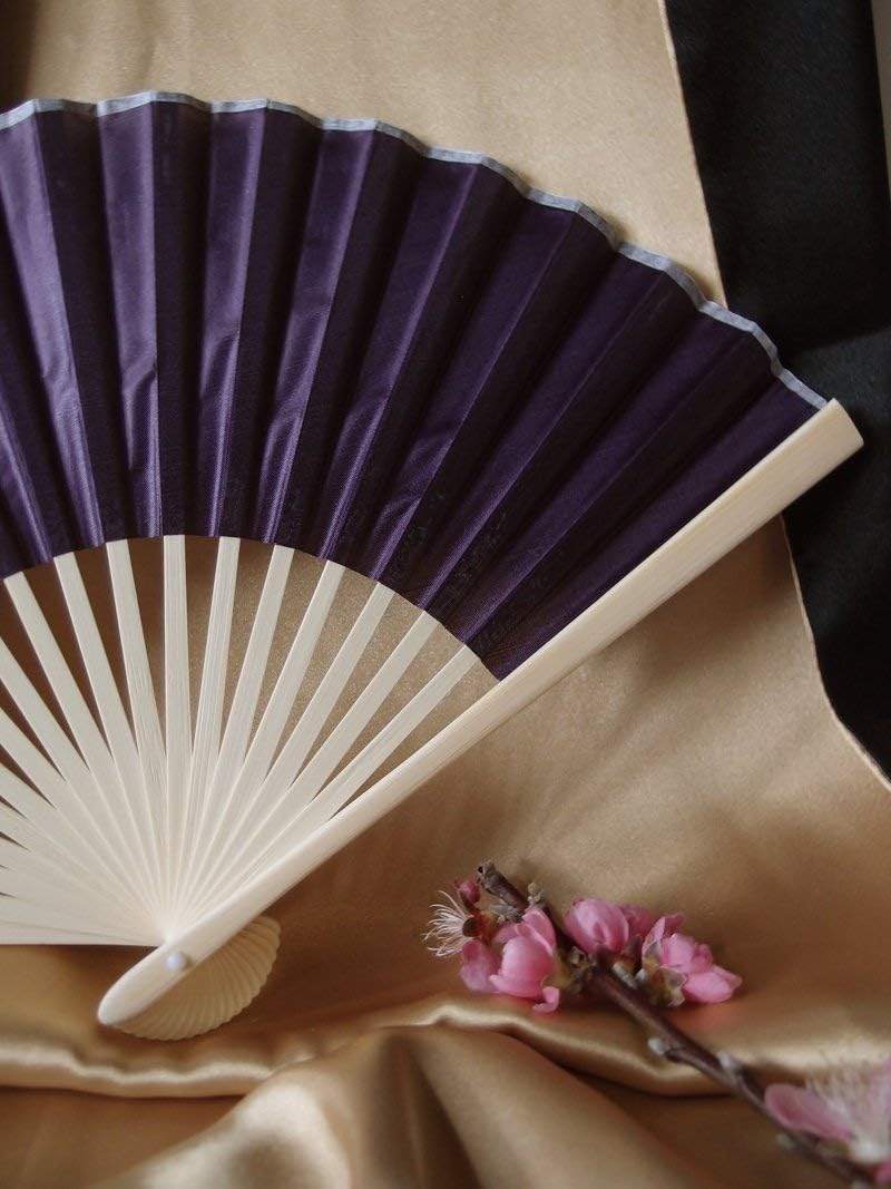 Quasimoon PaperLanternStore.com 9 Inch Dark Purple Silk Hand Fans for Weddings (10 Pack)