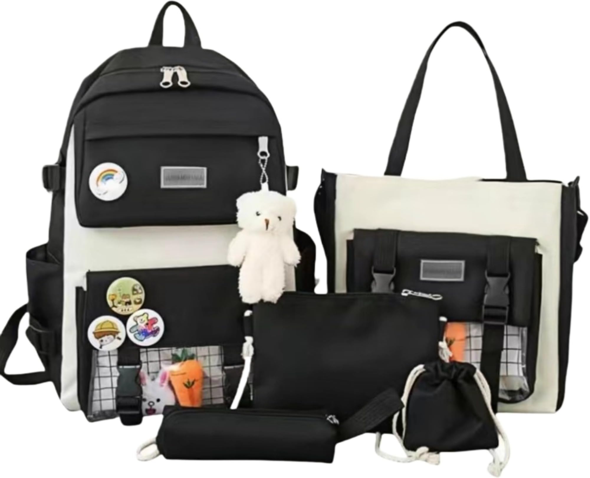 Kawaii 5-piece backpack set, cute school aesthetic schoolbag, youth supplies backpack set and accessories (Black Schoolbag3, 16.5x 12.2x 5.5 inch)