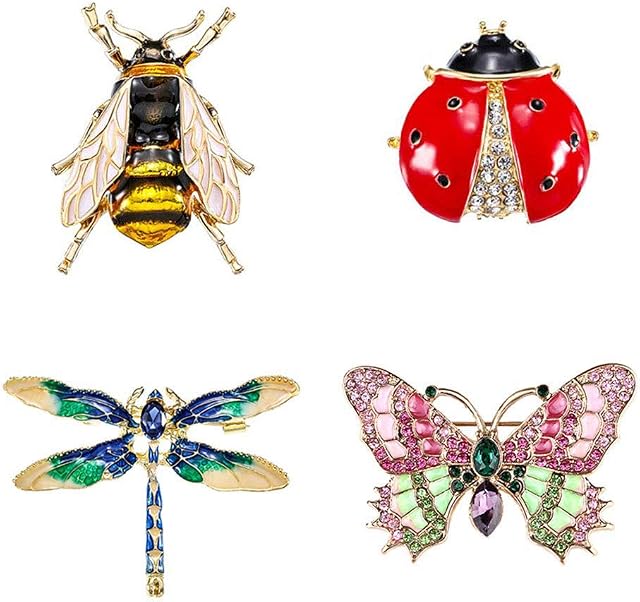 QincLing 4 Pieces Crystal Rhinestone Brooch Pins Suit Dress Brooch Cute Bee Fly Dragonfly Ladybug Butterfly Insect Brooch Enamel Brooches Ladies Fashion Brooches For Women Wedding Bridal