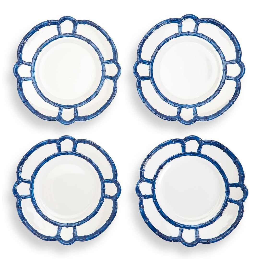 Two's Company Küchenutensilien-Set mit Bambusrand, langlebige Melamin-Teller mit elegantem blauem Rand, spülmaschinenfest, perfekt für Partys und Grillabende, 4 Stück