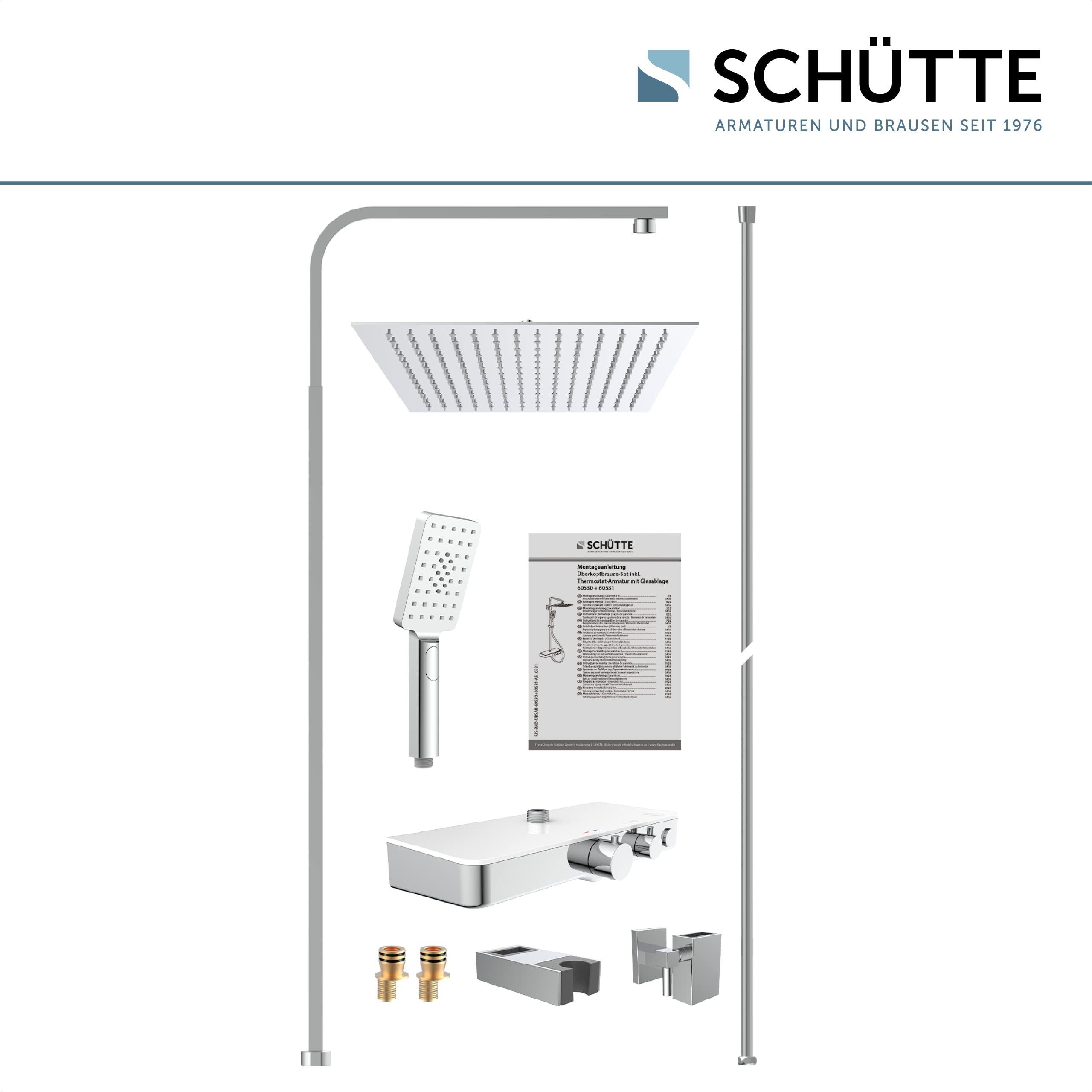 Schütte Sistema termostato y Estante de Cristal – Juego 30 x 30 cm, Lluvia con Soporte de Pared y alcachofa Columna de Ducha en Cromo/Blanco 60530