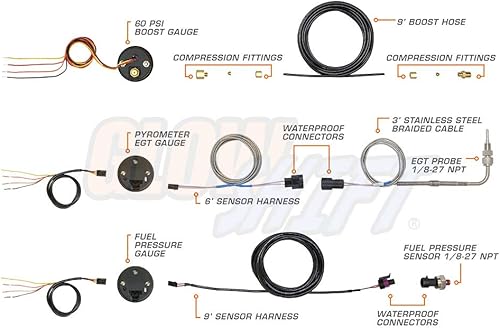 Miniatura 6 de GlowShift Juego de kit de calibre 3 para camión diésel de 7 colores tintado, aumento de 60 PSI, temperatura de gas de escape de pirómetro de 2400 F,