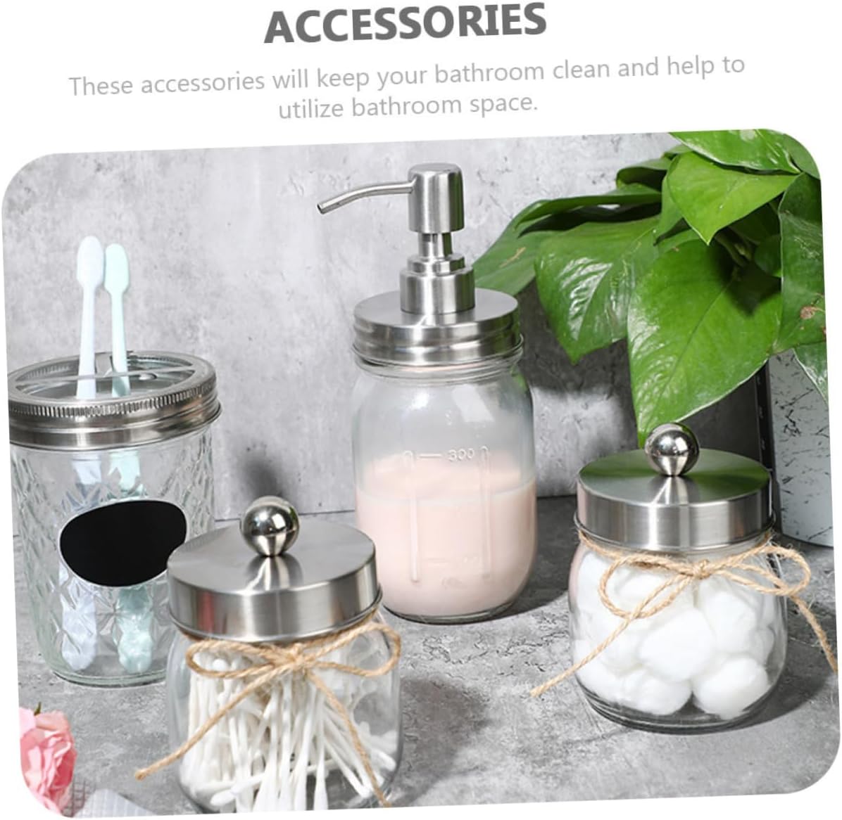 Mason Jar Bathroom Accessory Set 4-Piece Toothbrush Cup and Lotion Bottle Holder Glass Swab Storage for Home Use Sturdy and Practical Gargle Cup Set