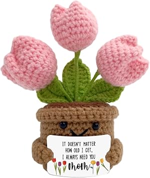 Fmcmly Mini Birthday Gifts for Mother, I Always Need You MOM, Handmade Crochet Cute Tulip Flower, Gift for Mom from Daughter or Son