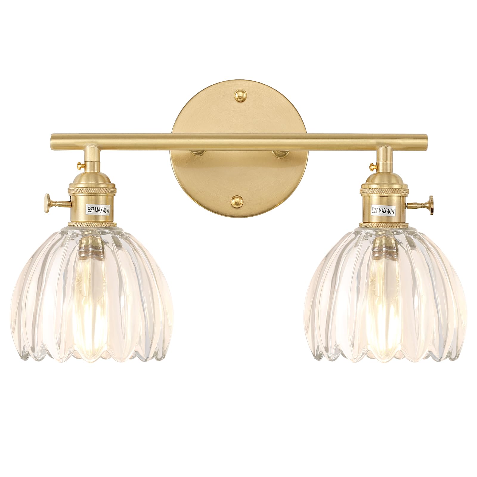 Shenmoyl Bathroom Wall Light Fixtures Over Mirror, 2-Light Brass Gold Vanity Lights with Clear Tulip Glass Shade for Bedroom Living Room
