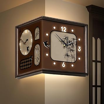 15.7in,Vintage Double-Sided Illuminated Corner Clock, Corner Wall Clock with Decorative Painting, Suitable for Living Rooms and Bedrooms