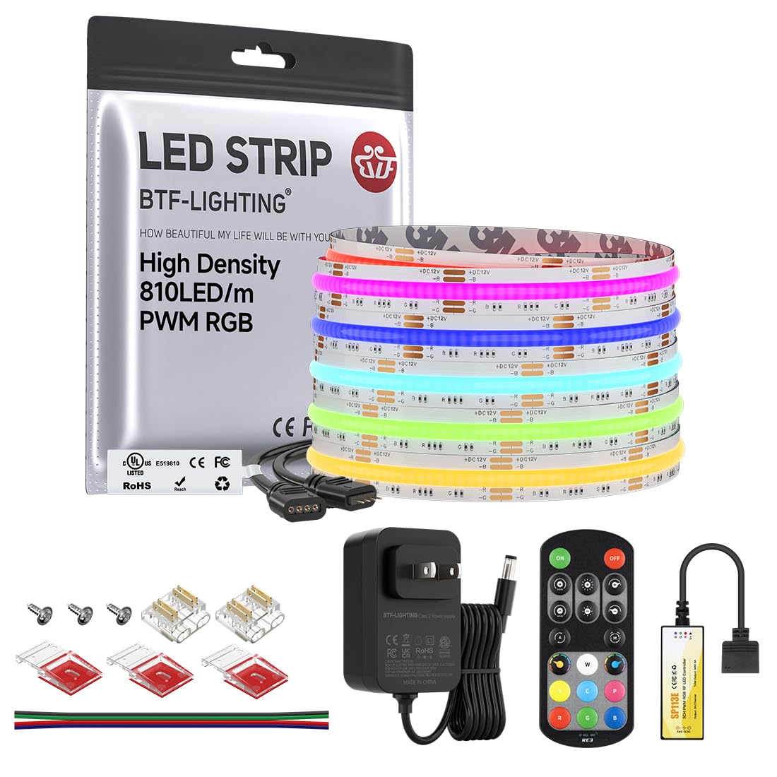 BTF-LIGHTING 16.4FT RGB Color Changing UL Listed DC12V COB LED Strip Kit