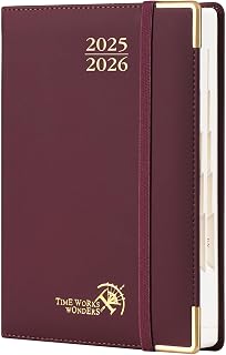 POPRUN Tagesplaner 2025 2026 A5 Hardcover 21,5 x 14,5 cm (Aug.2025-Jul.2026), Tageskalender 1 Tag 1 Seite (Montag - Sonntag) mit PU-Leder, Monatliche Registerkarten - Weinrot