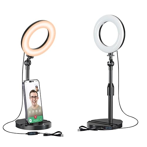 Desk Ring Light with Telescopic Stand, Travel Desktop Hola Light for Phone Selfie Laptop Zoom Video Calls Makeup Tiktok Reels Live Streaming - Matte Black