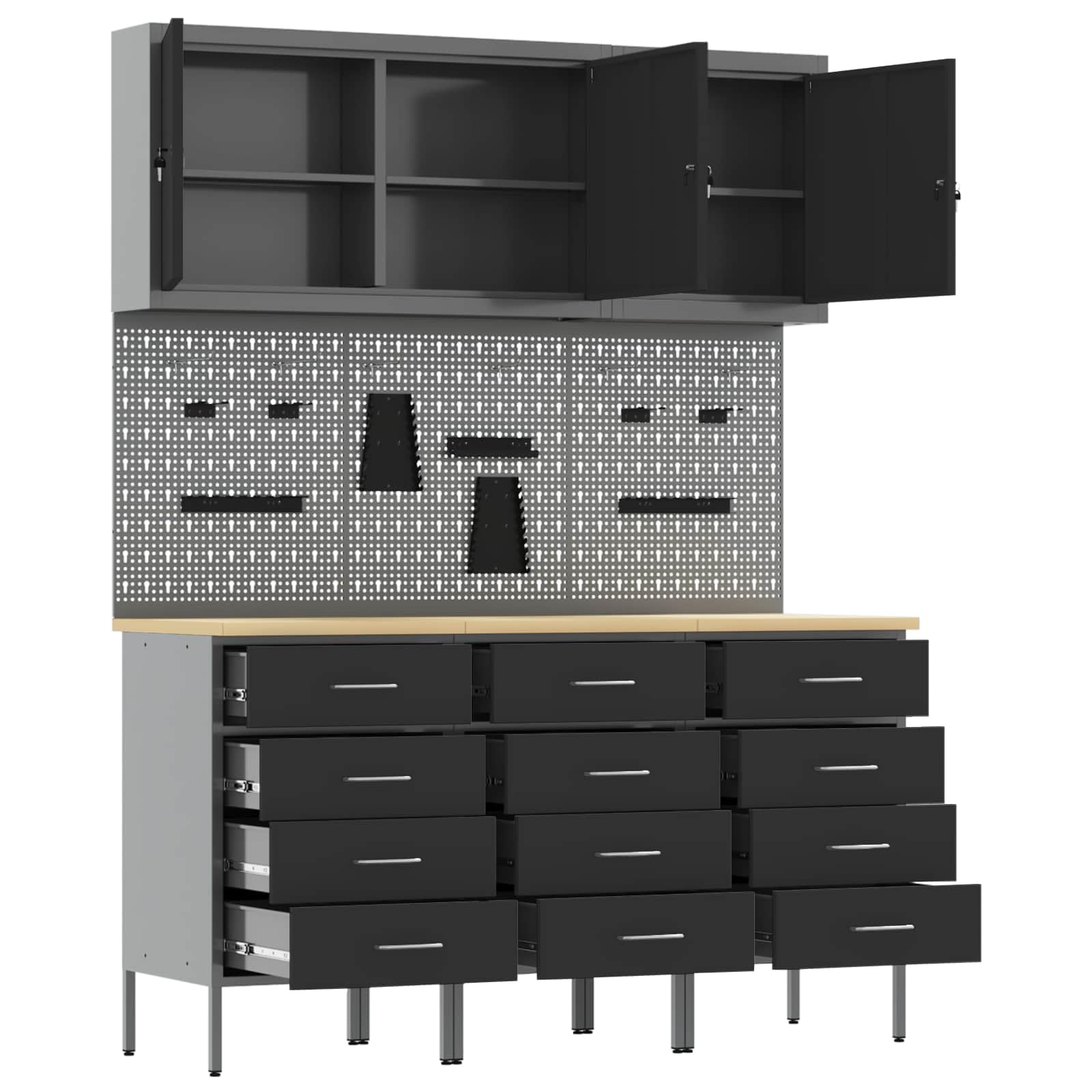 Établi avec tiroirs en bois et acier - 150 x 55 x 200 cm - Ensemble de 8 pièces avec rangement à outils, système de rangement, armoire et cloison perforée pour atelier et garage