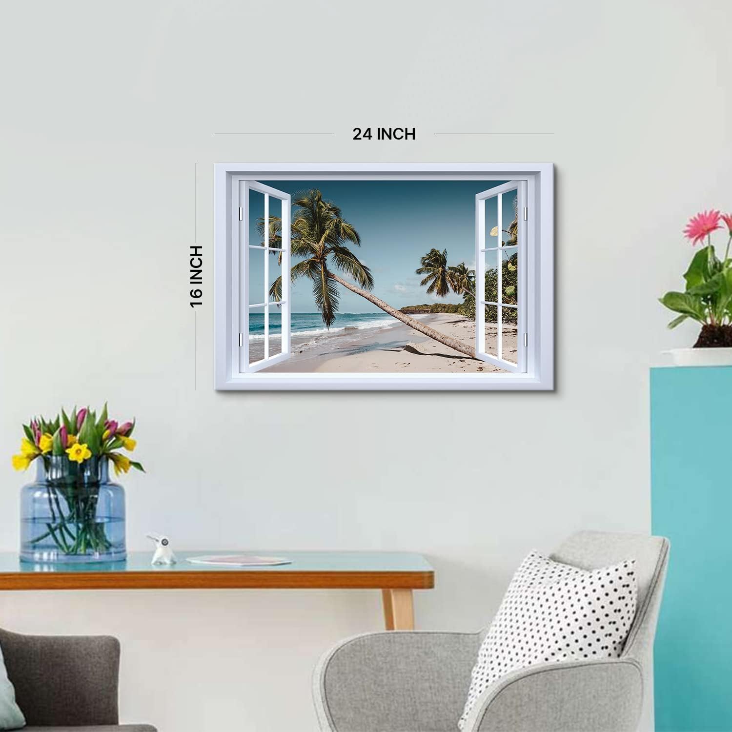 Blue Ocean Canvas Wall Art Palm Tree Scenery Prints Pictures Bathroom Decor Tropical Seascape Paintings Coastal Skyline Poster Window Frames Nature Landscape Artwork for Bedroom Home Decorations 16x24”