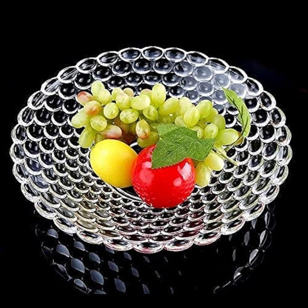 Luxansa Crystal Clear Round Serving Tray Fruit Bowl Plate for Dining Table Crystal Decoration Serving Dry Fruits Bowl Set Flower Shaped Gifting | Dinnerware & Serving