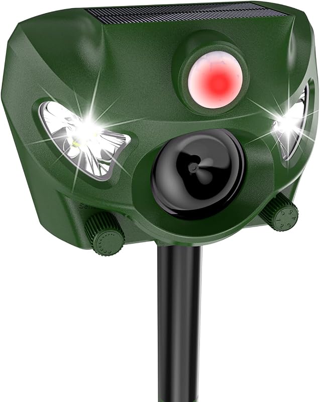 Ultrasonic Animal Repellent Outdoor, Solar Power Cat Rodent Raccoon Repeller, Rabbit Snake Control Device with Motion Sensor and FIashing Light, Waterproof Outdoor Animal Repellent for Deer Squirrel