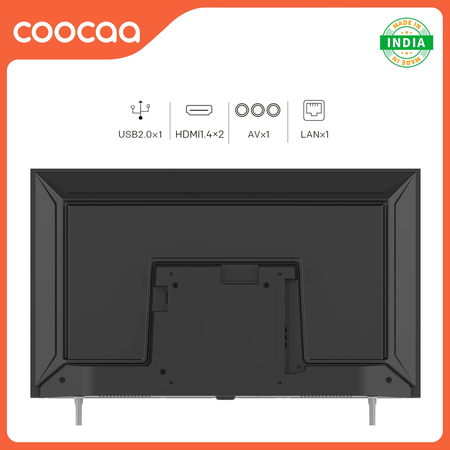 പിൻഭാഗം view of Coocaa TV showing USB, HDMI, AV, and LAN ports.