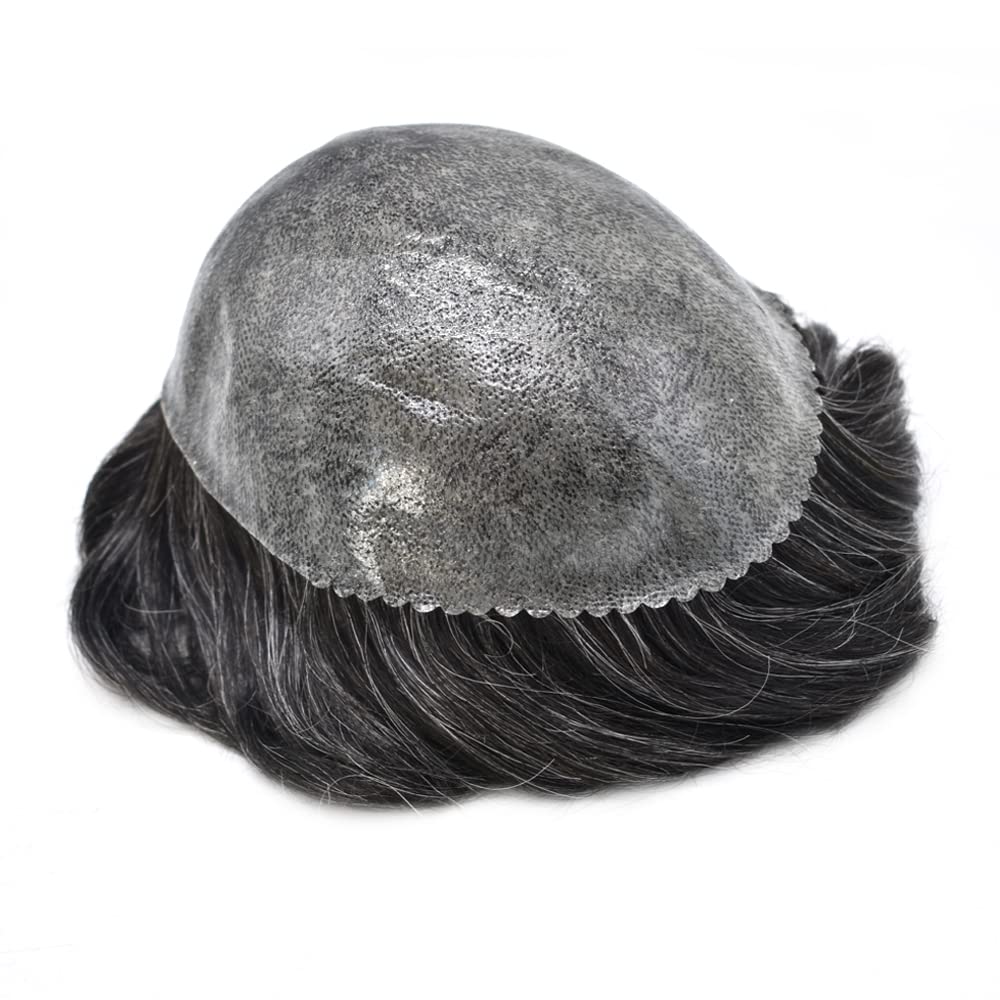 Mens Toupee Human Hair Toupee For Men Thin Skin PU Injection Mens Wig Hair Replacement System Hair Pieces Hair System PU Base Hair Units Natural Hairline Wig For Men SINGA HAIR (1B10# Natural Black With 10% Gray, 8''x10''120% Light to Medium Density)
