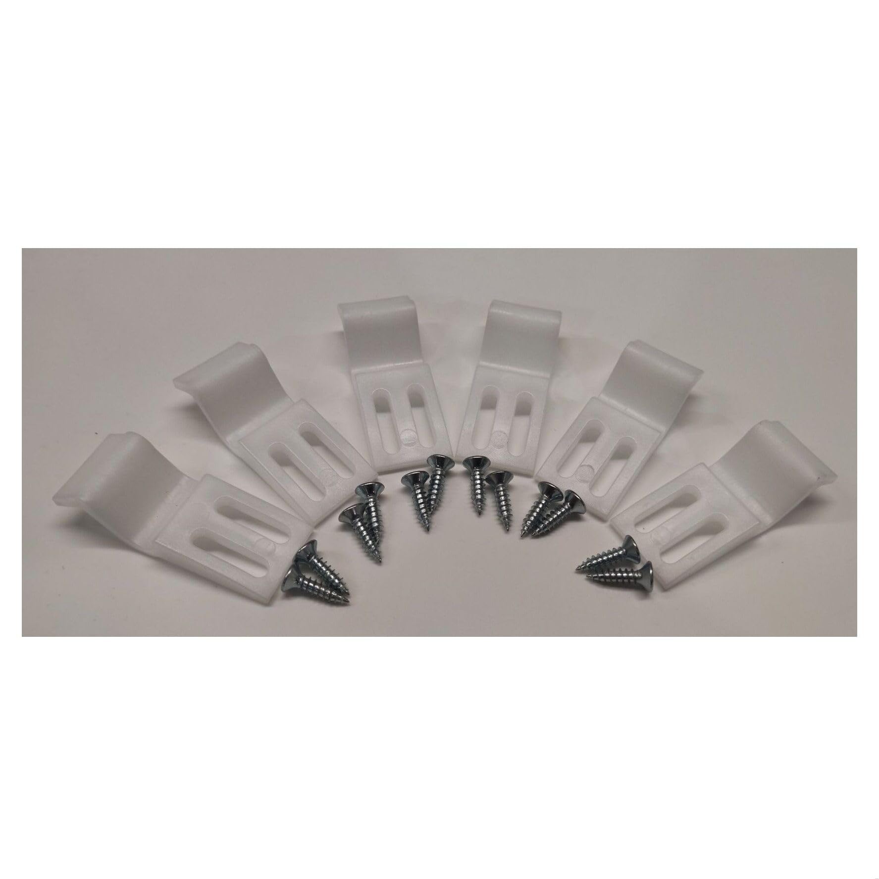 Balterley Bath Panel Clips and Screws, 6 White Bath Panel Fixing Kit with 12 Chrome Screws, Dual Slotted Holes for Adjustable Screw Positioning for Baths Front and End Panels - Pack of 6